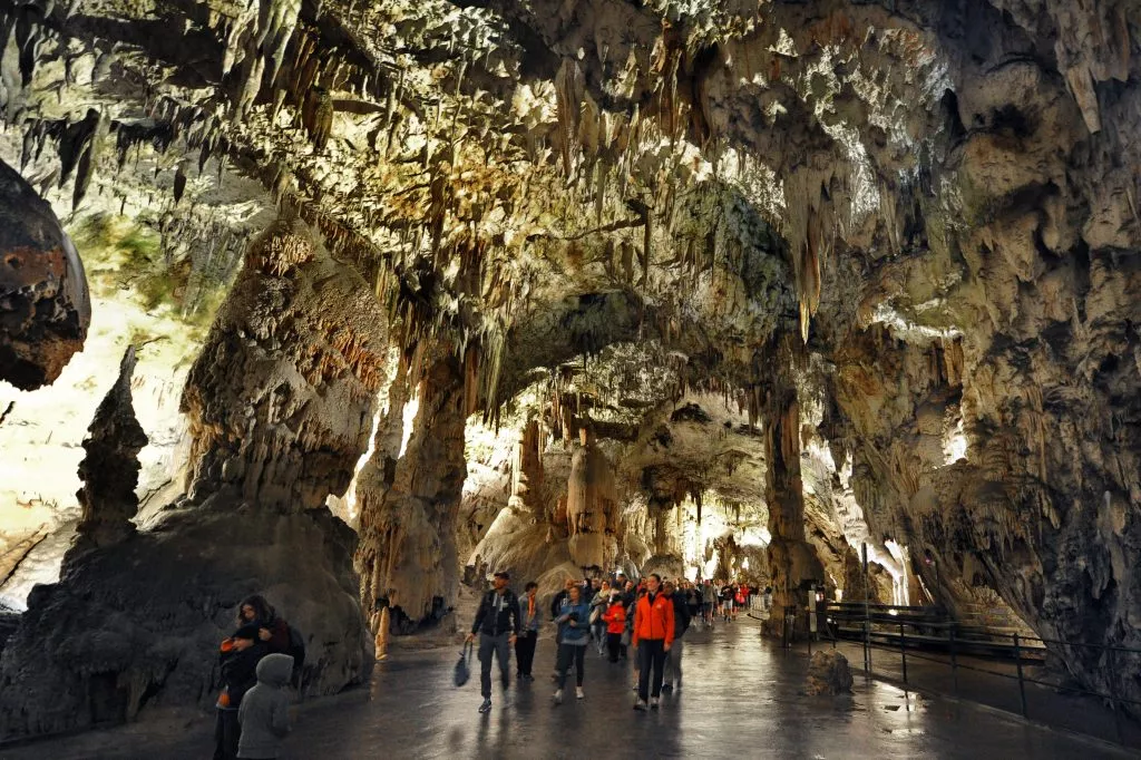 Stalaktitter og stalagmitter inne i Postojna-grotten (Postojna Jama), Slovenia